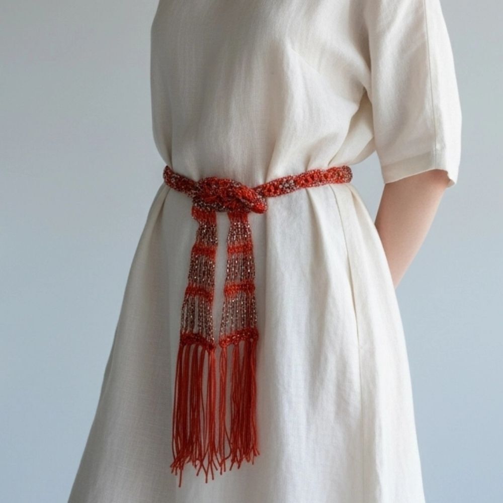 Coral and Silver Beaded Scarf or Belt - Picture 4 of 4